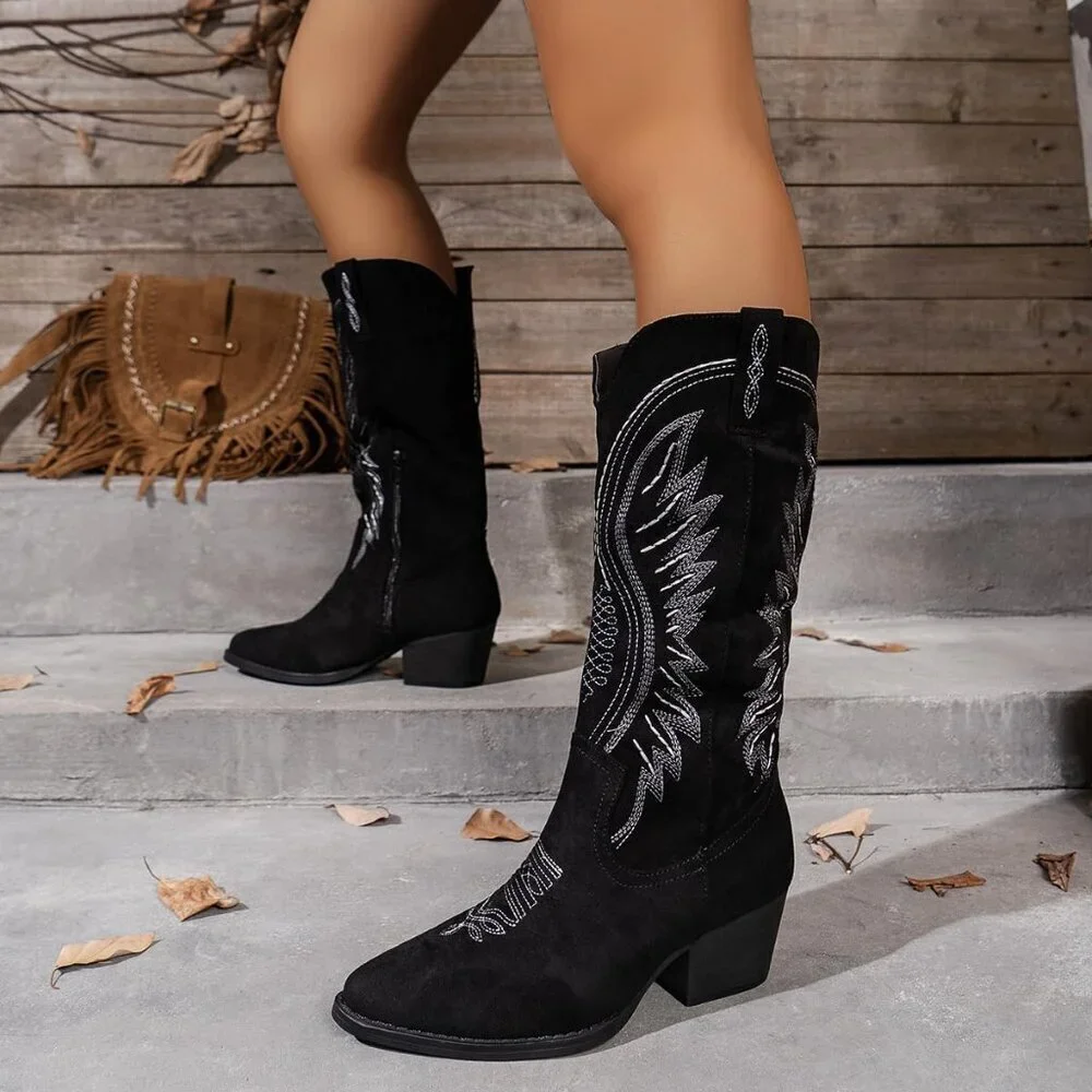 Womens Black Western Cowboy Boots Embroidered Ankle Booties Block Heel Zips